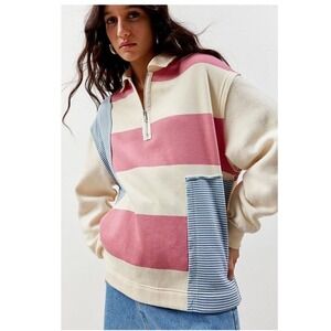 Urban Outfitters BDG Saylor Half Zip Striped Rugby Sweatshirt Crm/Pink/Bl SP NWT